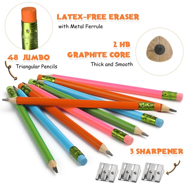 Alt view image 4 of 6 - 48 Pcs Large Pencils 3 Sharpeners,Multicolor,Triangle,Fat Pencils Jumbo Thick Grip, Preschoolers Kindergarten Beginners, Fat pencils, Kids Easy Hold School Writing School Practice