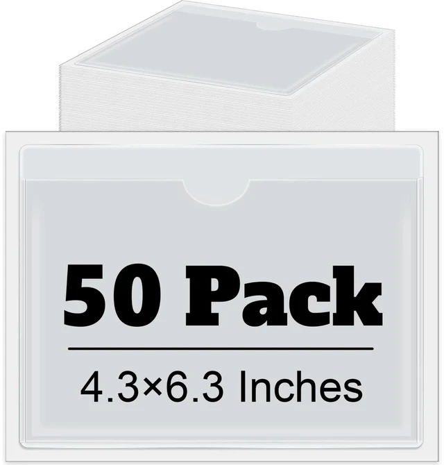Main image of 50 Pack 4" x 6" Clear Adhesive Pockets, Index Card Pockets With Top Open Loading, Plastic Labels Holders for Organizing Storage Bins, Library Card, Drawer, and Protecting Your Cards