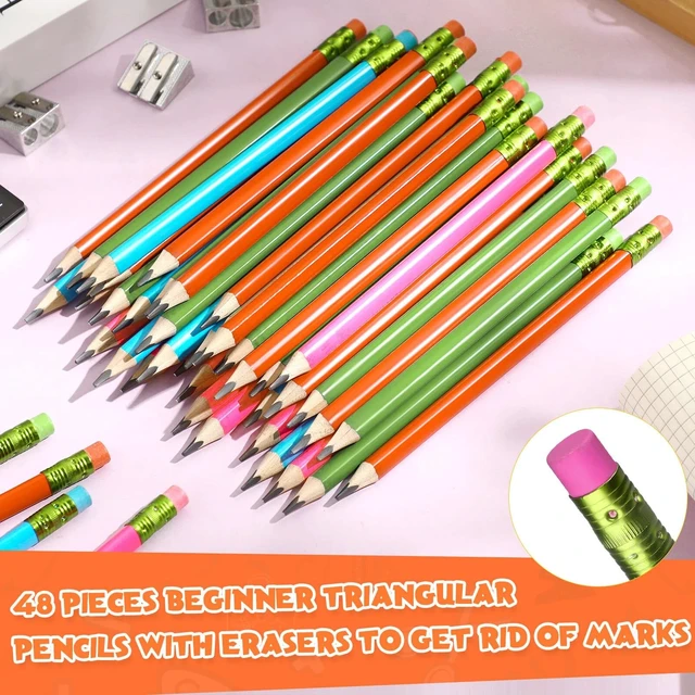 Alt view image 3 of 6 - 48 Pcs Large Pencils 3 Sharpeners,Multicolor,Triangle,Fat Pencils Jumbo Thick Grip, Preschoolers Kindergarten Beginners, Fat pencils, Kids Easy Hold School Writing School Practice