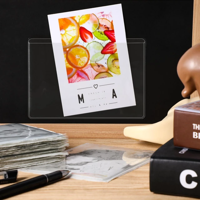 Alt view image 5 of 7 - 50 Pack 4" x 6" Clear Adhesive Pockets, Index Card Pockets With Top Open Loading, Plastic Labels Holders for Organizing Storage Bins, Library Card, Drawer, and Protecting Your Cards