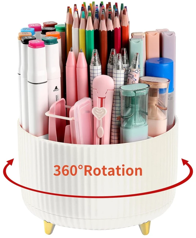 Main image of Desk Pencil Pen Holder, 5 Slots 360°Degree Rotating Pen Organizers for Desk, Desktop Storage Stationery Supplies Organizer, Cute Pencil Cup Pot for Office, School, Home, Art Supply, Beige