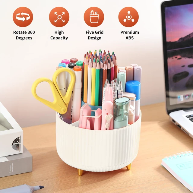 Alt view image 2 of 7 - Desk Pencil Pen Holder, 5 Slots 360°Degree Rotating Pen Organizers for Desk, Desktop Storage Stationery Supplies Organizer, Cute Pencil Cup Pot for Office, School, Home, Art Supply, Beige
