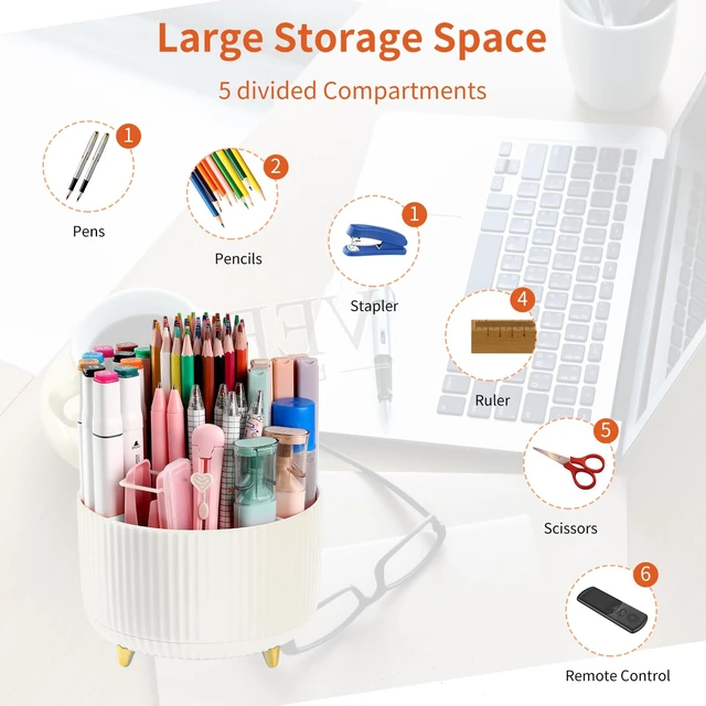 Alt view image 3 of 7 - Desk Pencil Pen Holder, 5 Slots 360°Degree Rotating Pen Organizers for Desk, Desktop Storage Stationery Supplies Organizer, Cute Pencil Cup Pot for Office, School, Home, Art Supply, Beige
