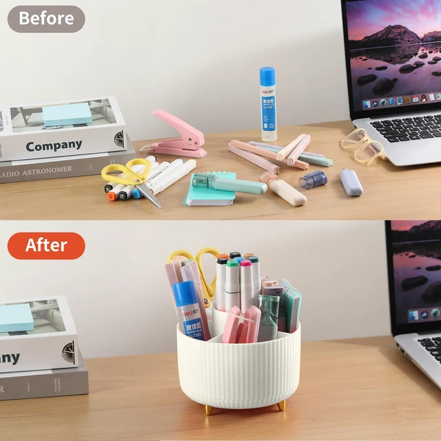 Alt view image 4 of 7 - Desk Pencil Pen Holder, 5 Slots 360°Degree Rotating Pen Organizers for Desk, Desktop Storage Stationery Supplies Organizer, Cute Pencil Cup Pot for Office, School, Home, Art Supply, Beige