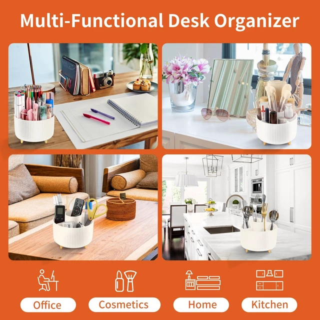 Alt view image 5 of 7 - Desk Pencil Pen Holder, 5 Slots 360°Degree Rotating Pen Organizers for Desk, Desktop Storage Stationery Supplies Organizer, Cute Pencil Cup Pot for Office, School, Home, Art Supply, Beige