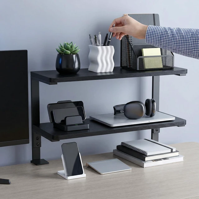 Alt view image 2 of 7 - 2-Tier Desk Extender, 22-inch Clamp-On Desk Shelf, Height-Adjustable Desktop Shelf Organizer for Monitors Office and Gaming Accessories, Arm Support Table Extension, Black