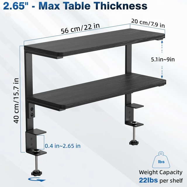 Alt view image 3 of 7 - 2-Tier Desk Extender, 22-inch Clamp-On Desk Shelf, Height-Adjustable Desktop Shelf Organizer for Monitors Office and Gaming Accessories, Arm Support Table Extension, Black