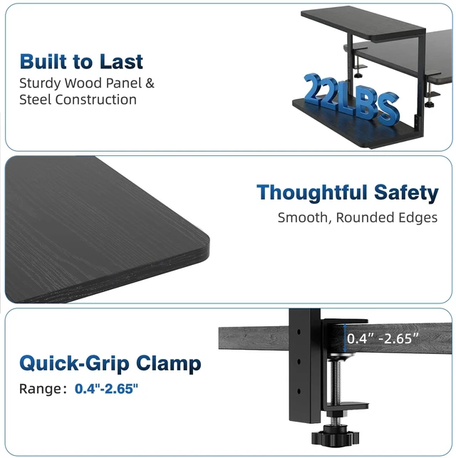 Alt view image 5 of 7 - 2-Tier Desk Extender, 22-inch Clamp-On Desk Shelf, Height-Adjustable Desktop Shelf Organizer for Monitors Office and Gaming Accessories, Arm Support Table Extension, Black