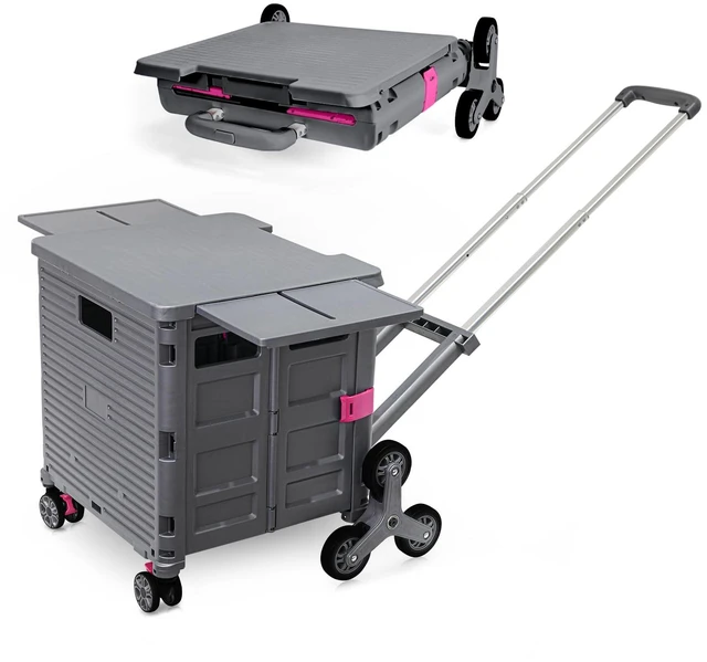 Main image of Foldable Utility Cart Portable Crate Rolling Dolly with Telescopic Handle,Can be Pulled diagonally, Magnetic Retractable Lid, 360°Swivel Climbing Wheels for Shopping Carrying Groceries Move Grey