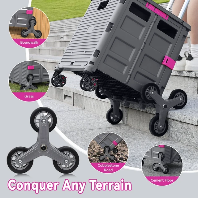 Alt view image 2 of 7 - Foldable Utility Cart Portable Crate Rolling Dolly with Telescopic Handle,Can be Pulled diagonally, Magnetic Retractable Lid, 360°Swivel Climbing Wheels for Shopping Carrying Groceries Move Grey