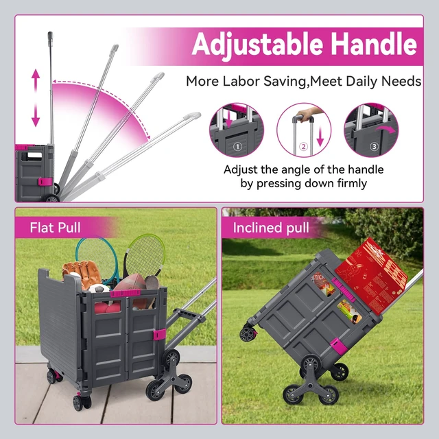 Alt view image 3 of 7 - Foldable Utility Cart Portable Crate Rolling Dolly with Telescopic Handle,Can be Pulled diagonally, Magnetic Retractable Lid, 360°Swivel Climbing Wheels for Shopping Carrying Groceries Move Grey