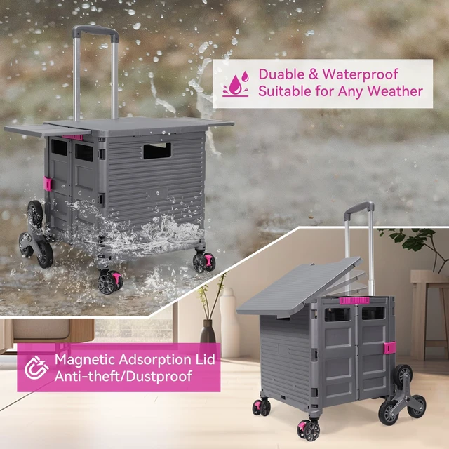 Alt view image 5 of 7 - Foldable Utility Cart Portable Crate Rolling Dolly with Telescopic Handle,Can be Pulled diagonally, Magnetic Retractable Lid, 360°Swivel Climbing Wheels for Shopping Carrying Groceries Move Grey