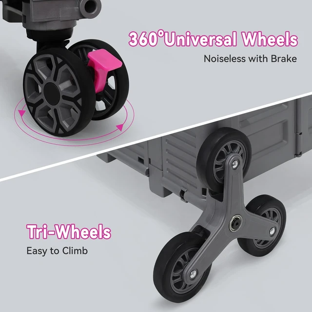 Alt view image 4 of 7 - Foldable Utility Cart Portable Crate Rolling Dolly with Telescopic Handle,Can be Pulled diagonally, Magnetic Retractable Lid, 360°Swivel Climbing Wheels for Shopping Carrying Groceries Move Grey