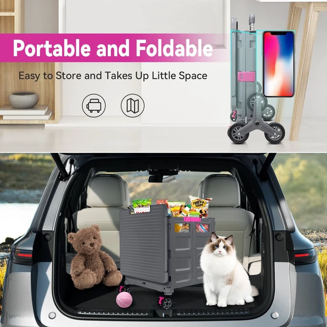 Alt view image 7 of 7 - Foldable Utility Cart Portable Crate Rolling Dolly with Telescopic Handle,Can be Pulled diagonally, Magnetic Retractable Lid, 360°Swivel Climbing Wheels for Shopping Carrying Groceries Move Grey