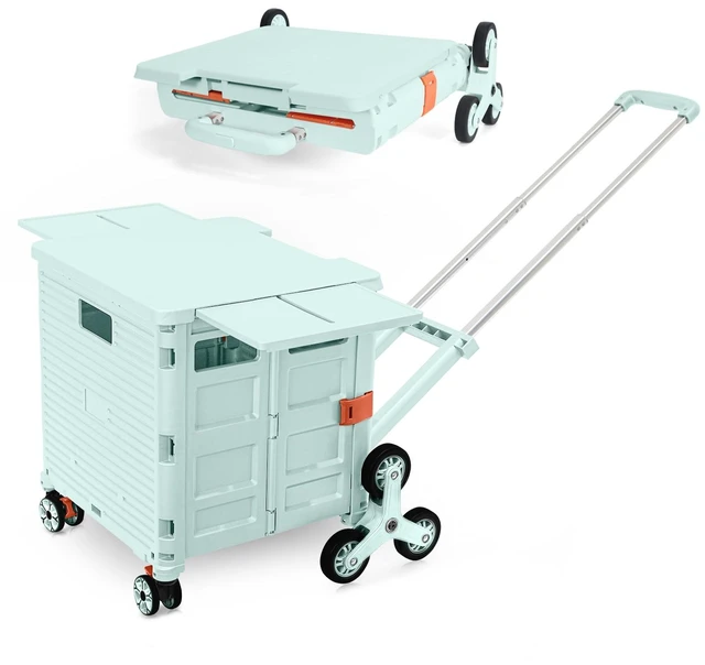 Main image of Foldable Utility Cart Portable Crate Rolling Dolly with Telescopic Handle,Can be Pulled diagonally, Magnetic Retractable Lid, 360°Swivel Climbing Wheels for Shopping Carrying Groceries Move Green