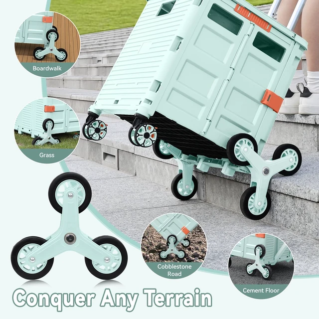 Alt view image 2 of 7 - Foldable Utility Cart Portable Crate Rolling Dolly with Telescopic Handle,Can be Pulled diagonally, Magnetic Retractable Lid, 360°Swivel Climbing Wheels for Shopping Carrying Groceries Move Green