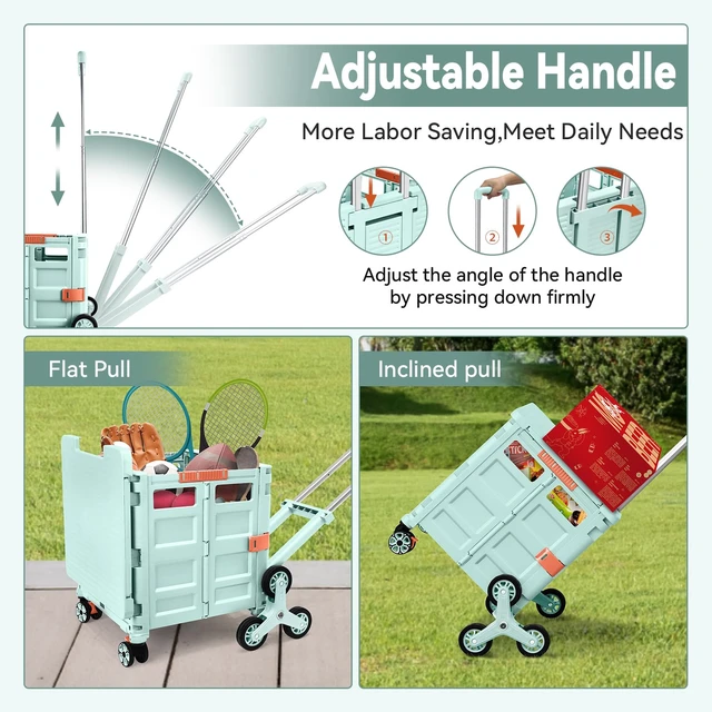 Alt view image 3 of 7 - Foldable Utility Cart Portable Crate Rolling Dolly with Telescopic Handle,Can be Pulled diagonally, Magnetic Retractable Lid, 360°Swivel Climbing Wheels for Shopping Carrying Groceries Move Green