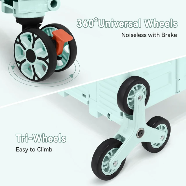 Alt view image 4 of 7 - Foldable Utility Cart Portable Crate Rolling Dolly with Telescopic Handle,Can be Pulled diagonally, Magnetic Retractable Lid, 360°Swivel Climbing Wheels for Shopping Carrying Groceries Move Green