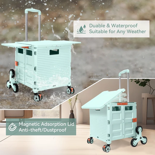 Alt view image 5 of 7 - Foldable Utility Cart Portable Crate Rolling Dolly with Telescopic Handle,Can be Pulled diagonally, Magnetic Retractable Lid, 360°Swivel Climbing Wheels for Shopping Carrying Groceries Move Green