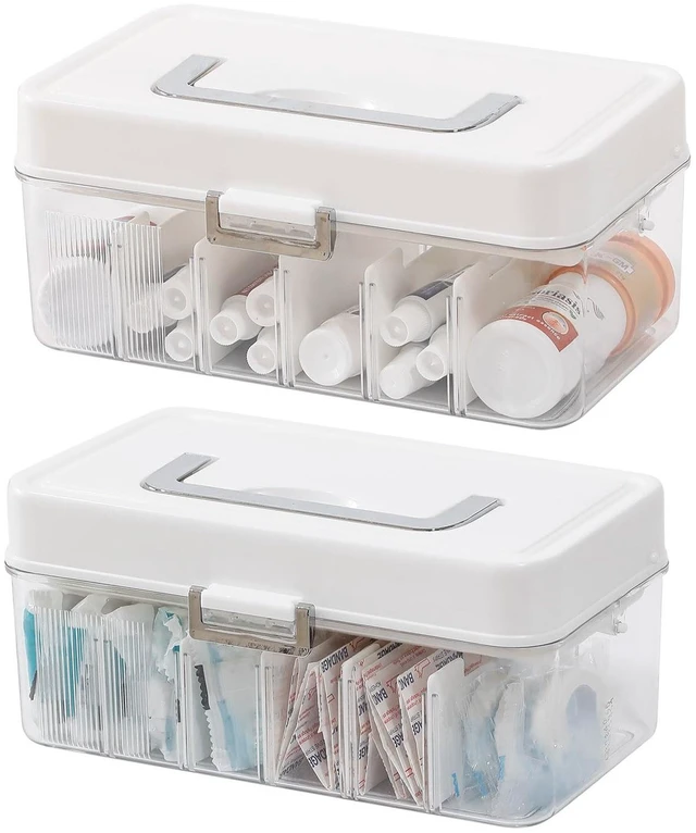 Main image of Clear Bandages Organizer Container with Handle, 2 Pack With Lid and Adjustable Dividers, Plastic Medical Supplies Box, For Bathroom Medicine Cabinet, First Aid, Tapes, Ointments