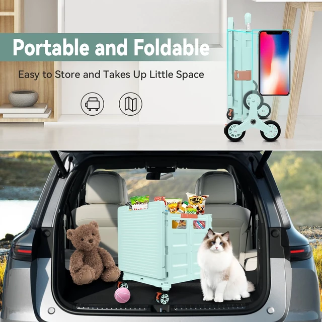 Alt view image 7 of 7 - Foldable Utility Cart Portable Crate Rolling Dolly with Telescopic Handle,Can be Pulled diagonally, Magnetic Retractable Lid, 360°Swivel Climbing Wheels for Shopping Carrying Groceries Move Green