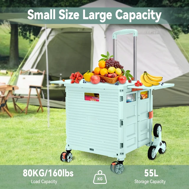 Alt view image 6 of 7 - Foldable Utility Cart Portable Crate Rolling Dolly with Telescopic Handle,Can be Pulled diagonally, Magnetic Retractable Lid, 360°Swivel Climbing Wheels for Shopping Carrying Groceries Move Green