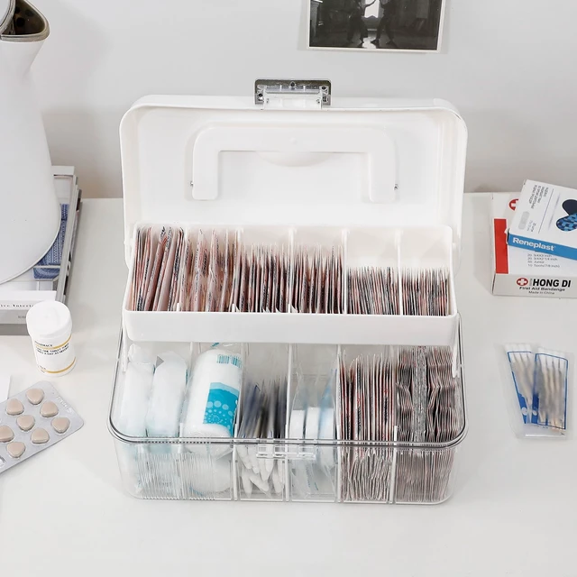 Alt view image 4 of 7 - Clear Bandages Organizer Container with Handle, 2 Pack With Lid and Adjustable Dividers, Plastic Medical Supplies Box, For Bathroom Medicine Cabinet, First Aid, Tapes, Ointments