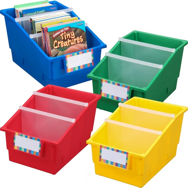 Main image of Rainbow Chapter Book Classroom Library Bins with Dividers 8.75" x 13.5" x 7.75", 4-Pack, Large Plastic Bin Organizers for Book Organization, Documents, Files, Magazines