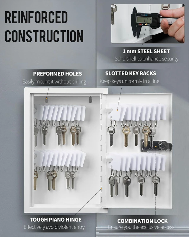 Alt view image 7 of 7 - 40 Position Slotted Key Cabinet with Combination Lock Resettable White Digital Security Storage Box Steel Key Organizer with Slotted Racks White Key Tag Labels and Permanent Pen
