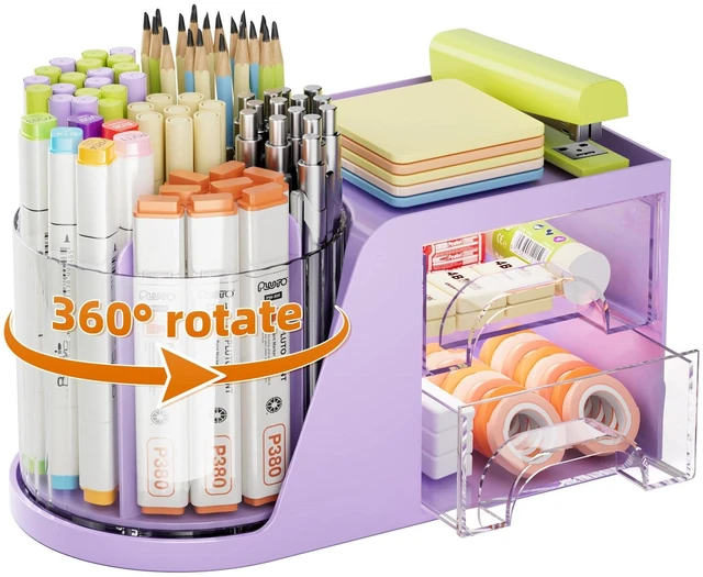 Main image of Desk Organizer with 2 Drawer, 360°Rotating Pen Holder, Desk Organizers and Accessories with 6 Slots Pencil Holder + 2 Drawer, Art Supply Storage Box Caddy for Office (Purple)