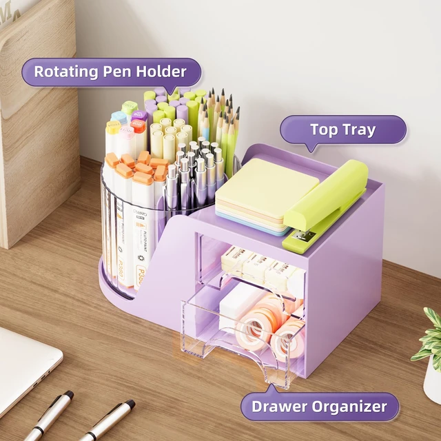 Alt view image 2 of 7 - Desk Organizer with 2 Drawer, 360°Rotating Pen Holder, Desk Organizers and Accessories with 6 Slots Pencil Holder + 2 Drawer, Art Supply Storage Box Caddy for Office (Purple)