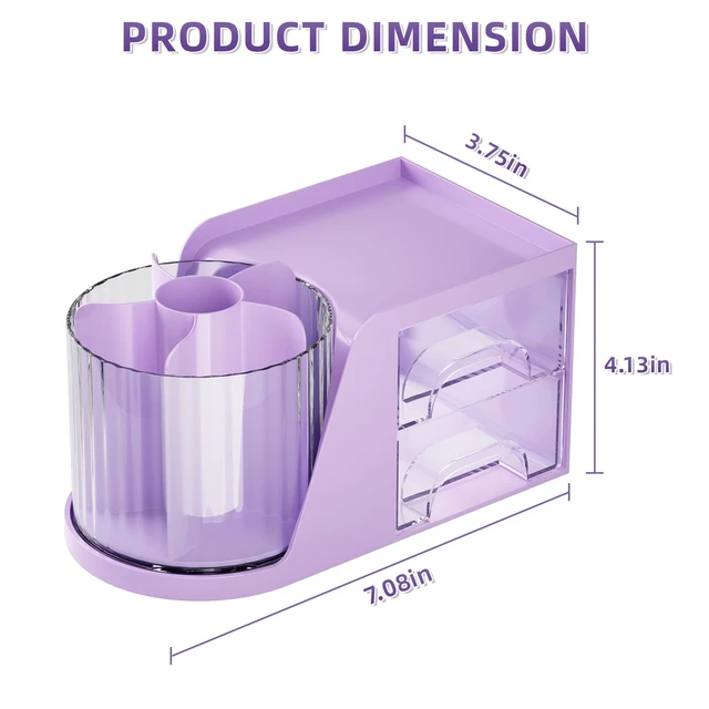 Alt view image 3 of 7 - Desk Organizer with 2 Drawer, 360°Rotating Pen Holder, Desk Organizers and Accessories with 6 Slots Pencil Holder + 2 Drawer, Art Supply Storage Box Caddy for Office (Purple)