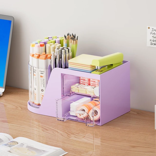 Alt view image 4 of 7 - Desk Organizer with 2 Drawer, 360°Rotating Pen Holder, Desk Organizers and Accessories with 6 Slots Pencil Holder + 2 Drawer, Art Supply Storage Box Caddy for Office (Purple)