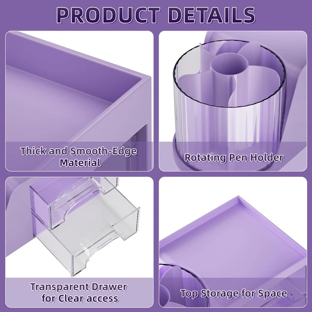Alt view image 5 of 7 - Desk Organizer with 2 Drawer, 360°Rotating Pen Holder, Desk Organizers and Accessories with 6 Slots Pencil Holder + 2 Drawer, Art Supply Storage Box Caddy for Office (Purple)