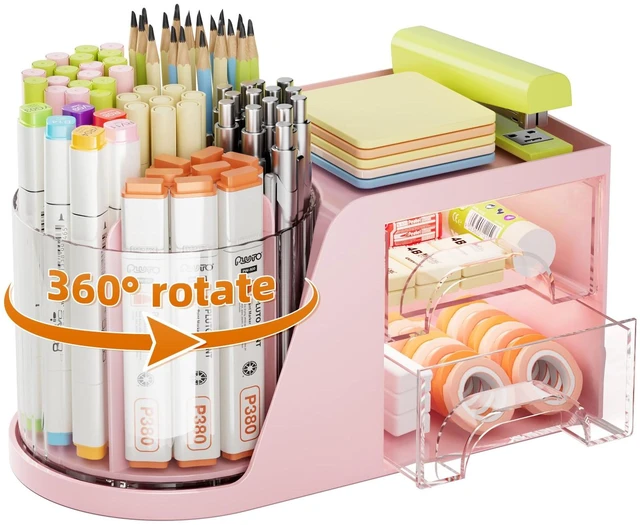 Main image of Desk Organizer with 2 Drawer, 360°Rotating Pen Holder, Desk Organizers and Accessories with 6 Slots Pencil Organizer + 2 Drawer, Art Supply Storage Box Caddy for Office (Pink)