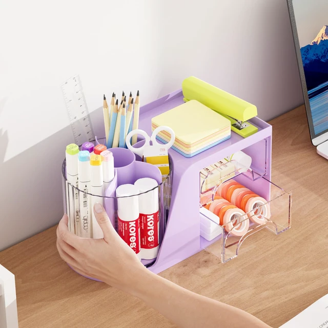 Alt view image 6 of 7 - Desk Organizer with 2 Drawer, 360°Rotating Pen Holder, Desk Organizers and Accessories with 6 Slots Pencil Holder + 2 Drawer, Art Supply Storage Box Caddy for Office (Purple)