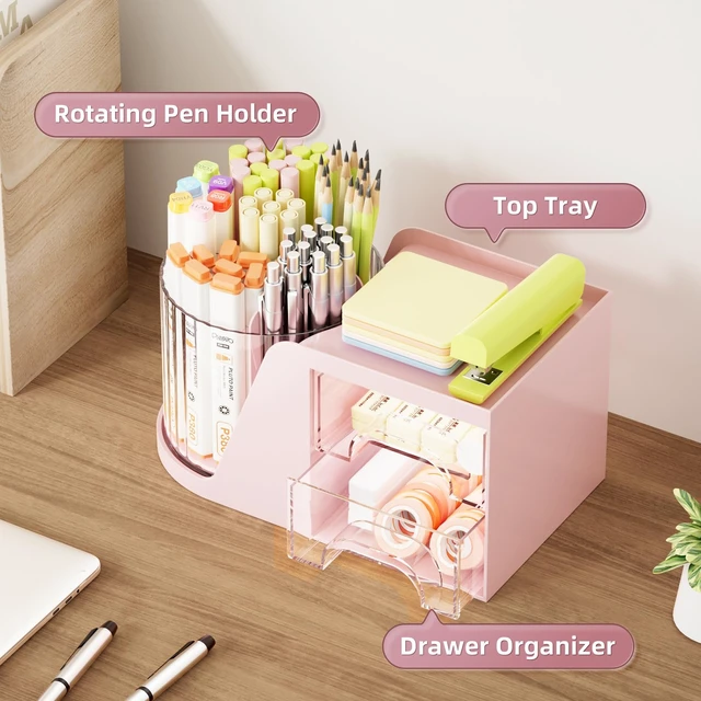 Alt view image 2 of 7 - Desk Organizer with 2 Drawer, 360°Rotating Pen Holder, Desk Organizers and Accessories with 6 Slots Pencil Organizer + 2 Drawer, Art Supply Storage Box Caddy for Office (Pink)