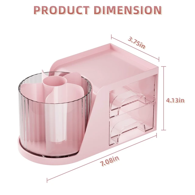 Alt view image 3 of 7 - Desk Organizer with 2 Drawer, 360°Rotating Pen Holder, Desk Organizers and Accessories with 6 Slots Pencil Organizer + 2 Drawer, Art Supply Storage Box Caddy for Office (Pink)