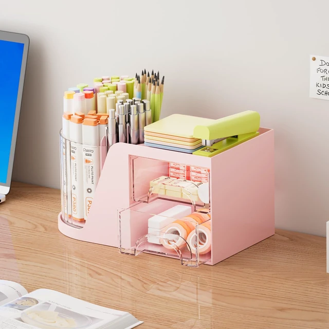 Alt view image 4 of 7 - Desk Organizer with 2 Drawer, 360°Rotating Pen Holder, Desk Organizers and Accessories with 6 Slots Pencil Organizer + 2 Drawer, Art Supply Storage Box Caddy for Office (Pink)