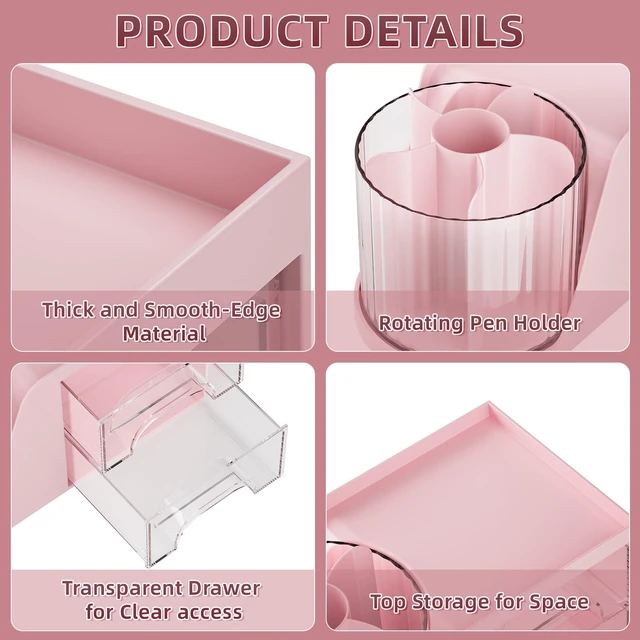 Alt view image 5 of 7 - Desk Organizer with 2 Drawer, 360°Rotating Pen Holder, Desk Organizers and Accessories with 6 Slots Pencil Organizer + 2 Drawer, Art Supply Storage Box Caddy for Office (Pink)