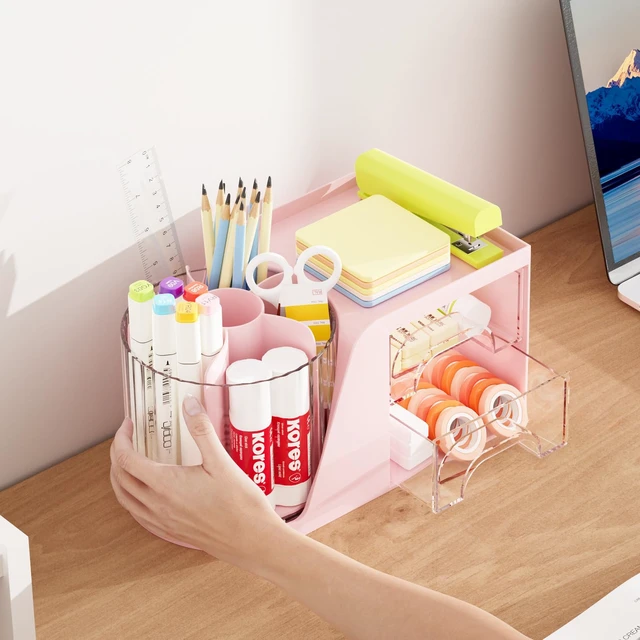 Alt view image 6 of 7 - Desk Organizer with 2 Drawer, 360°Rotating Pen Holder, Desk Organizers and Accessories with 6 Slots Pencil Organizer + 2 Drawer, Art Supply Storage Box Caddy for Office (Pink)