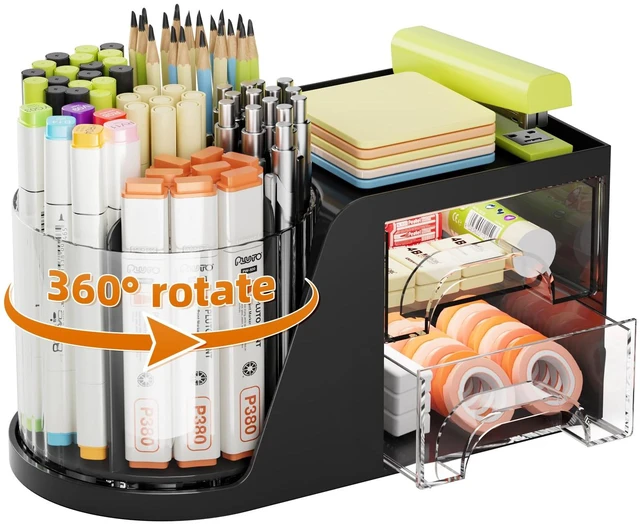 Main image of Desk Organizer with 2 Drawer, 360°Rotating Pen Holder, Desk Organizers and Accessories with 6 Slots Pencil Holder + 2 Drawer, Art Supply Storage Box Caddy for Office (Black)