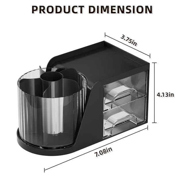 Alt view image 3 of 7 - Desk Organizer with 2 Drawer, 360°Rotating Pen Holder, Desk Organizers and Accessories with 6 Slots Pencil Holder + 2 Drawer, Art Supply Storage Box Caddy for Office (Black)