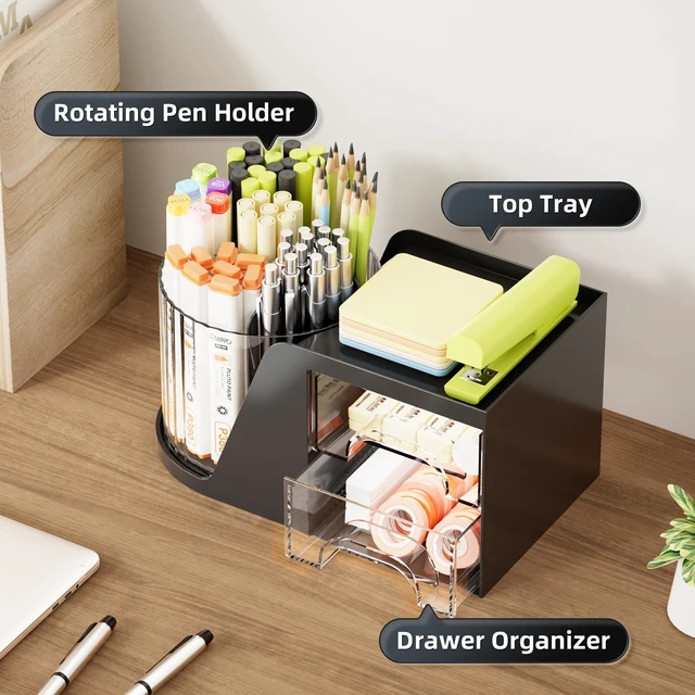 Alt view image 2 of 7 - Desk Organizer with 2 Drawer, 360°Rotating Pen Holder, Desk Organizers and Accessories with 6 Slots Pencil Holder + 2 Drawer, Art Supply Storage Box Caddy for Office (Black)