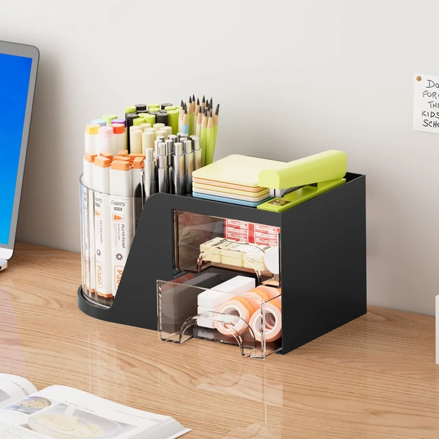Alt view image 4 of 7 - Desk Organizer with 2 Drawer, 360°Rotating Pen Holder, Desk Organizers and Accessories with 6 Slots Pencil Holder + 2 Drawer, Art Supply Storage Box Caddy for Office (Black)