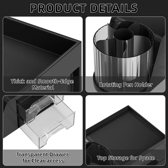 Alt view image 5 of 7 - Desk Organizer with 2 Drawer, 360°Rotating Pen Holder, Desk Organizers and Accessories with 6 Slots Pencil Holder + 2 Drawer, Art Supply Storage Box Caddy for Office (Black)