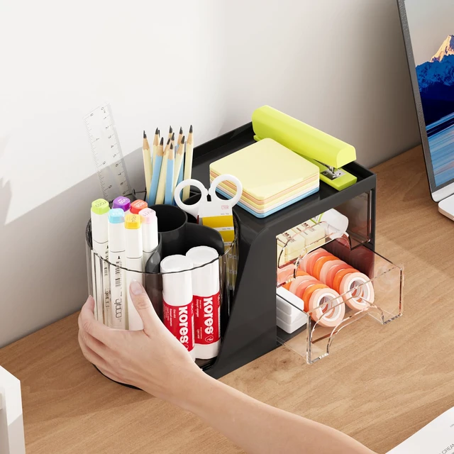 Alt view image 6 of 7 - Desk Organizer with 2 Drawer, 360°Rotating Pen Holder, Desk Organizers and Accessories with 6 Slots Pencil Holder + 2 Drawer, Art Supply Storage Box Caddy for Office (Black)