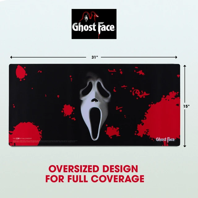Alt view image 6 of 7 - Ghost Face Large Gaming Mouse Pad 31"x15" XL Computer Desk Mat, Anime Ghost Face anime gaming mouse pad, Oversized 31x15in smooth fabric top, stitched edges, non-slip rubber base