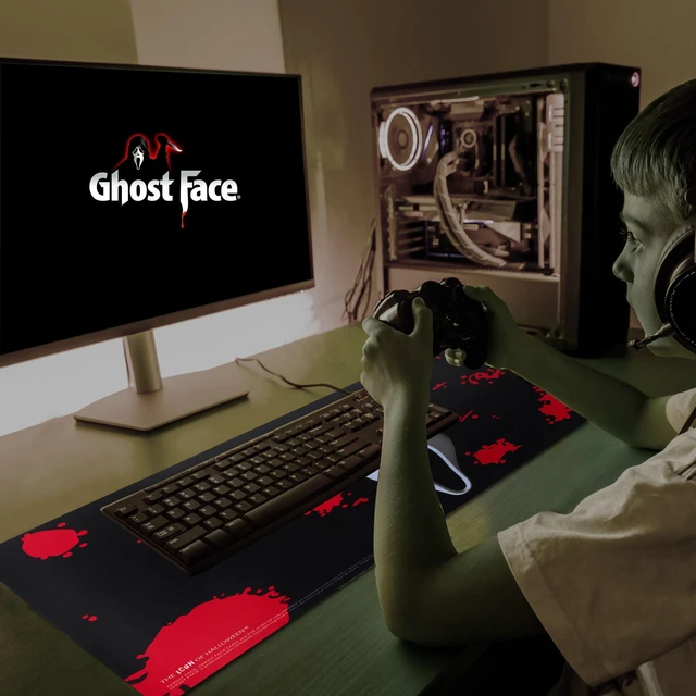 Alt view image 7 of 7 - Ghost Face Large Gaming Mouse Pad 31"x15" XL Computer Desk Mat, Anime Ghost Face anime gaming mouse pad, Oversized 31x15in smooth fabric top, stitched edges, non-slip rubber base
