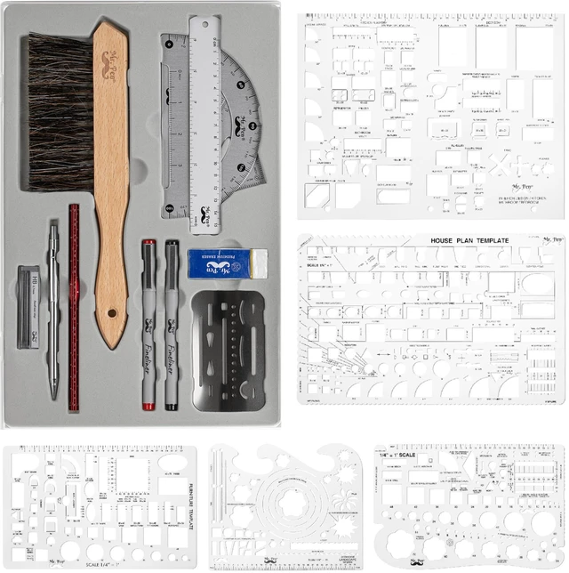 Main image of Professional Drafting Tools & Geometry Set with Case, 17 pcs Mechanical Pencil, Fineliners, Scale Metal Ruler, Drawing Templates for Interior Design House Plan, Architect Protractor Set